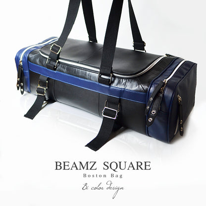 BEAMZSQUARE　スクエアスタイル牛革ボストンバッグ　BS-2478BK/NV　流行のバイカラー 1個