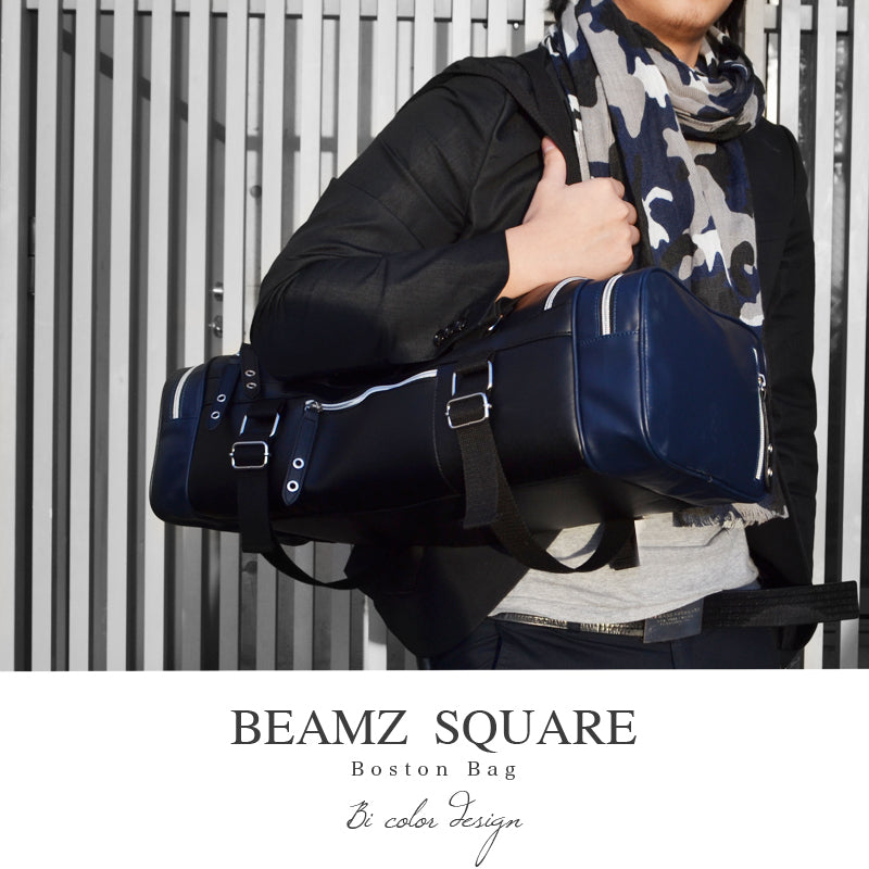 BEAMZSQUARE　スクエアスタイル牛革ボストンバッグ　BS-2478BK/NV　流行のバイカラー 1個