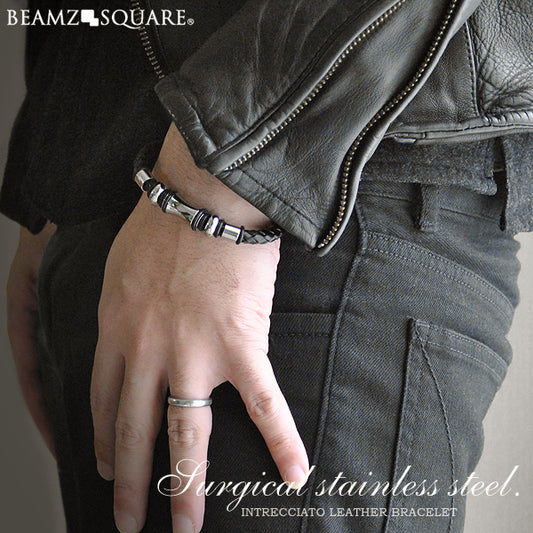 BEAMZSQUARE　316Lサージカルステン＆イントレレザーブレスレット　BSAC-01B 1本