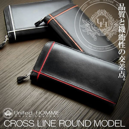 【unitedHOMME】馬革×牛革クロスラインデザインラウンドファスナー長財布■レッドライン×1個