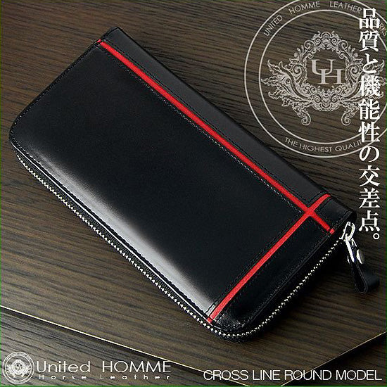 【unitedHOMME】馬革×牛革クロスラインデザインラウンドファスナー長財布■レッドライン×1個