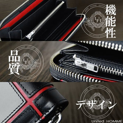 【unitedHOMME】馬革×牛革クロスラインデザインラウンドファスナー長財布■レッドライン×1個
