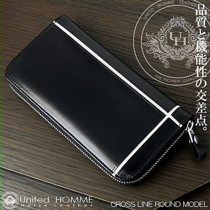 【unitedHOMME】馬革×牛革クロスラインデザインラウンドファスナー長財布■ホワイトライン×1個