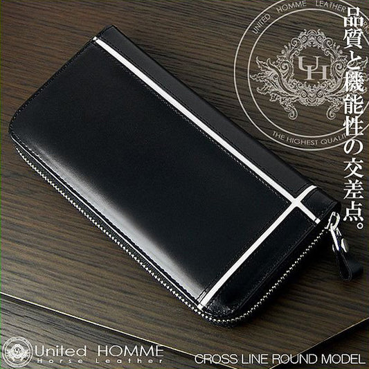 【unitedHOMME】馬革×牛革クロスラインデザインラウンドファスナー長財布■ホワイトライン×1個