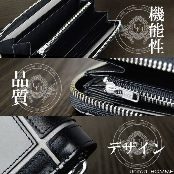 【unitedHOMME】馬革×牛革クロスラインデザインラウンドファスナー長財布■ホワイトライン×1個