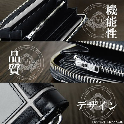 【unitedHOMME】馬革×牛革クロスラインデザインラウンドファスナー長財布■ホワイトライン×1個