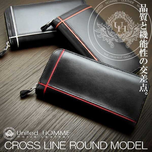 【unitedHOMME】馬革×牛革クロスラインデザインラウンドファスナー長財布■オレンジライン×1個