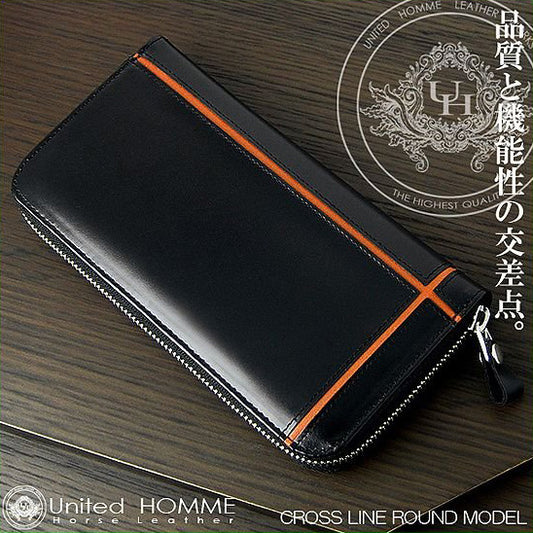 【unitedHOMME】馬革×牛革クロスラインデザインラウンドファスナー長財布■オレンジライン×1個