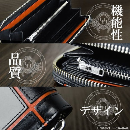 【unitedHOMME】馬革×牛革クロスラインデザインラウンドファスナー長財布■オレンジライン×1個