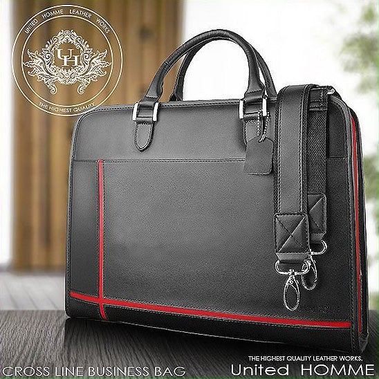 【unitedHOMME】牛革クロスラインビジネスバッグ■UH-2079メンズブリーフケース■レッドライン×1個