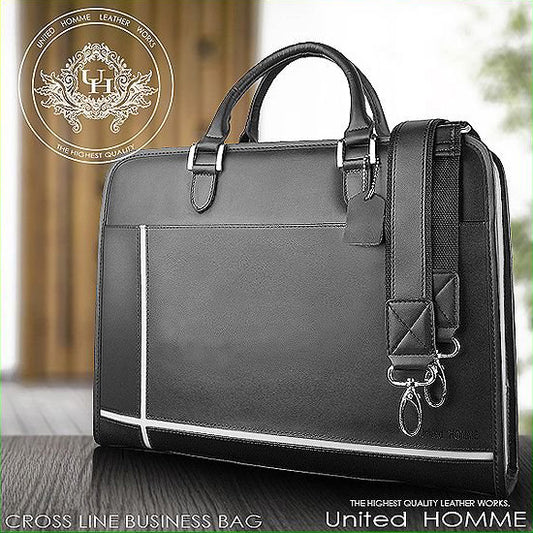 【unitedHOMME】牛革クロスラインビジネスバッグ■UH-2079メンズブリーフケース■ホワイトライン×1個