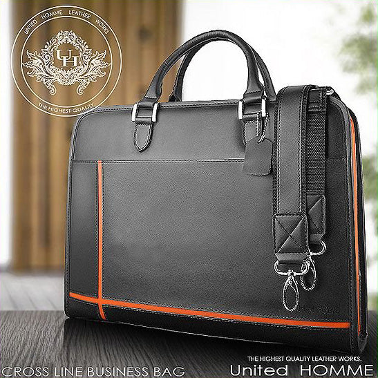 【unitedHOMME】牛革クロスラインビジネスバッグ■UH-2079メンズブリーフケース■オレンジライン×1個