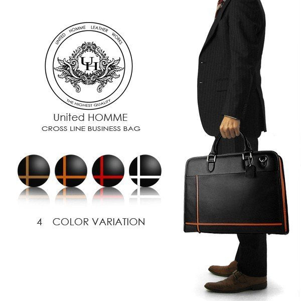 【unitedHOMME】牛革クロスラインビジネスバッグ■UH-2079メンズブリーフケース■ブラウンライン×1個