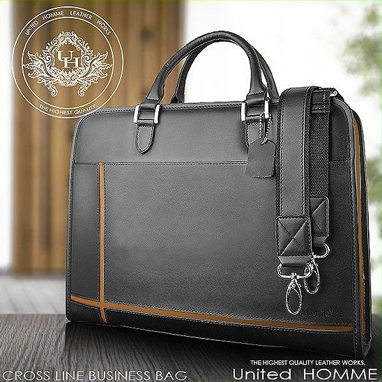 【unitedHOMME】牛革クロスラインビジネスバッグ■UH-2079メンズブリーフケース■ブラウンライン×1個