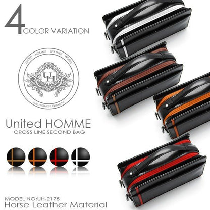 【unitedHOMME】馬革クロスラインセカンドバッグ■UH-2175BK■メンズポーチ本体ブラック■ホワイトライン×1個