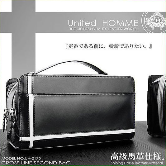 【unitedHOMME】馬革クロスラインセカンドバッグ■UH-2175BK■メンズポーチ本体ブラック■ホワイトライン×1個