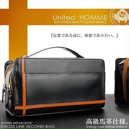 【unitedHOMME】馬革クロスラインセカンドバッグ■UH-2175BK■メンズポーチ本体ブラック■オレンジライン×1個