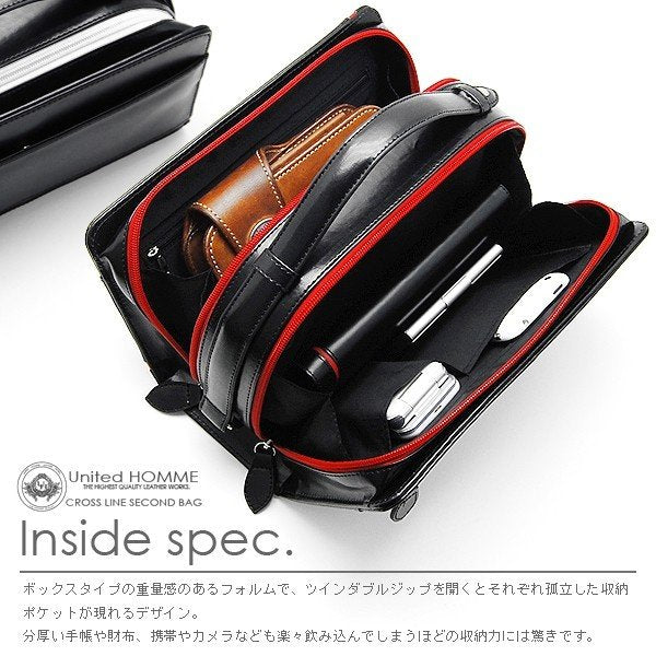 【unitedHOMME】馬革クロスラインセカンドバッグ■UH-2175BK■メンズポーチ本体ブラック■ブラウンライン×1個