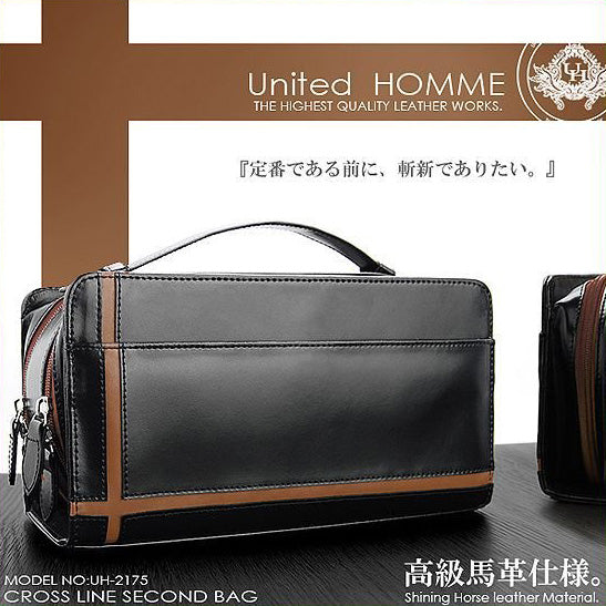 【unitedHOMME】馬革クロスラインセカンドバッグ■UH-2175BK■メンズポーチ本体ブラック■ブラウンライン×1個
