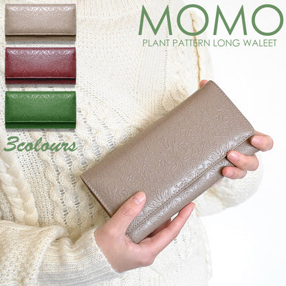 【MOMO】スマホも入る牛革草木柄大容量財布　 グリーン×1個