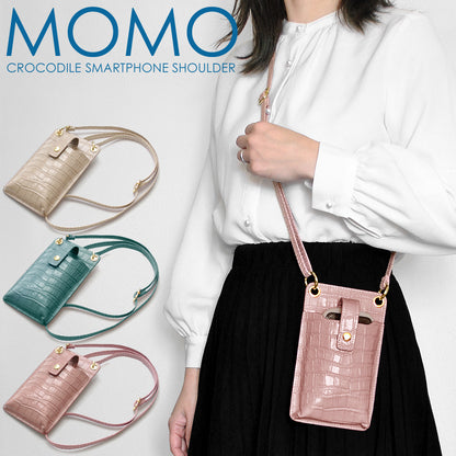 【MOMO】牛革クロコ型押しショルダースマホポーチ　 ピンク×1個