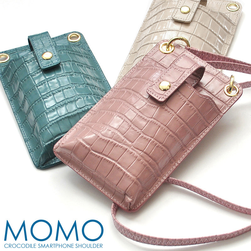 【MOMO】牛革クロコ型押しショルダースマホポーチ　 ピンク×1個