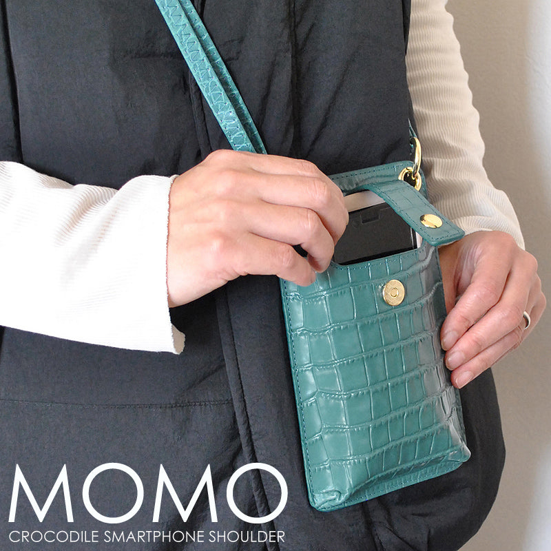 【MOMO】牛革クロコ型押しショルダースマホポーチ　 グリーン×1個